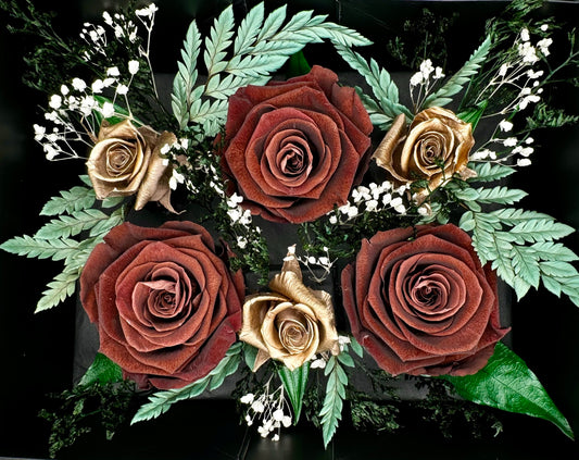 Brown And Metallic Gold Infinity Roses-Arrangement Box
