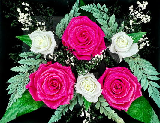 Fuchsia Shimmer And White Infinity Rose-Arrangement Box