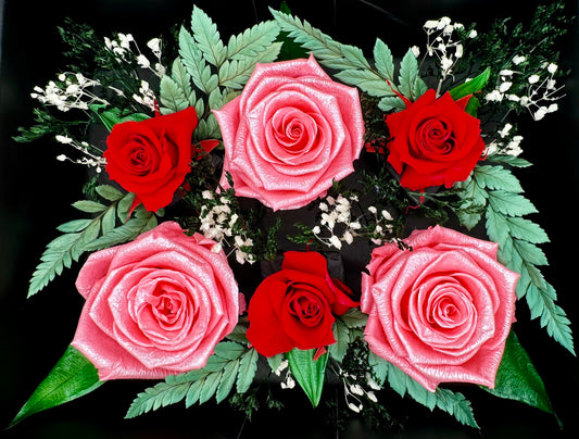 Shimmer Pink And Classic Red Infinity Rose-Arrangement Box