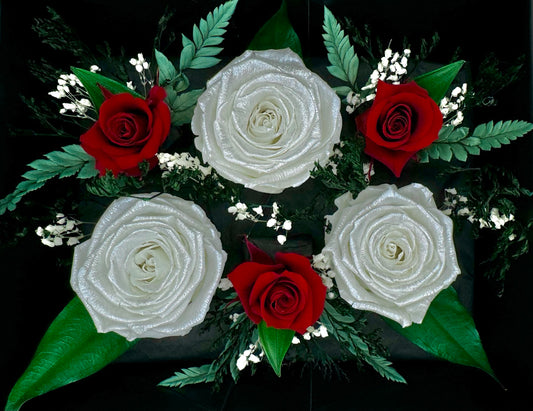 White And Dark Red Infinity Roses-Arrangement Box